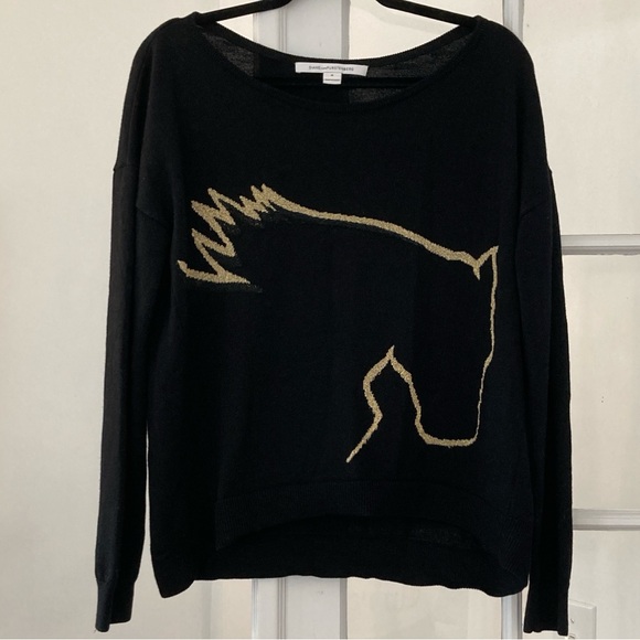 Vintage Diane Von Furstenberg Metallic Gold Horse Boatneck Knit Wool Sweater - Picture 1 of 13